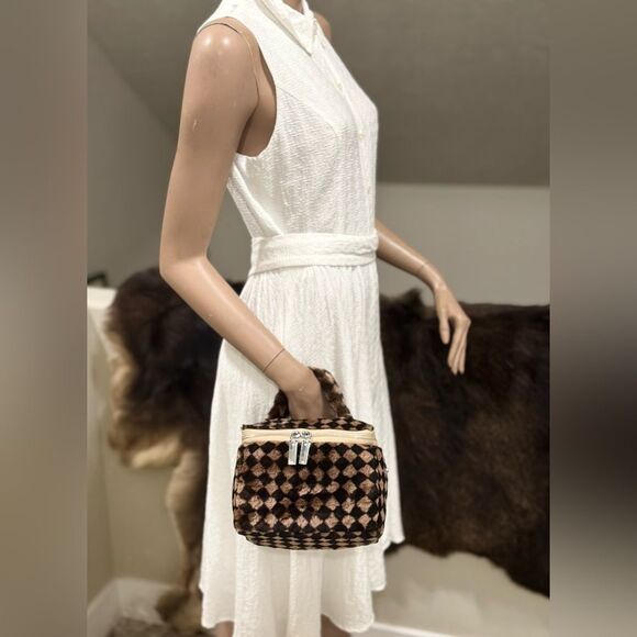 Checkerboard Real Shearling Leather Handmade Boxy Bag Set/Lamb Fur Crossbody Bag - Picture 9 of 16